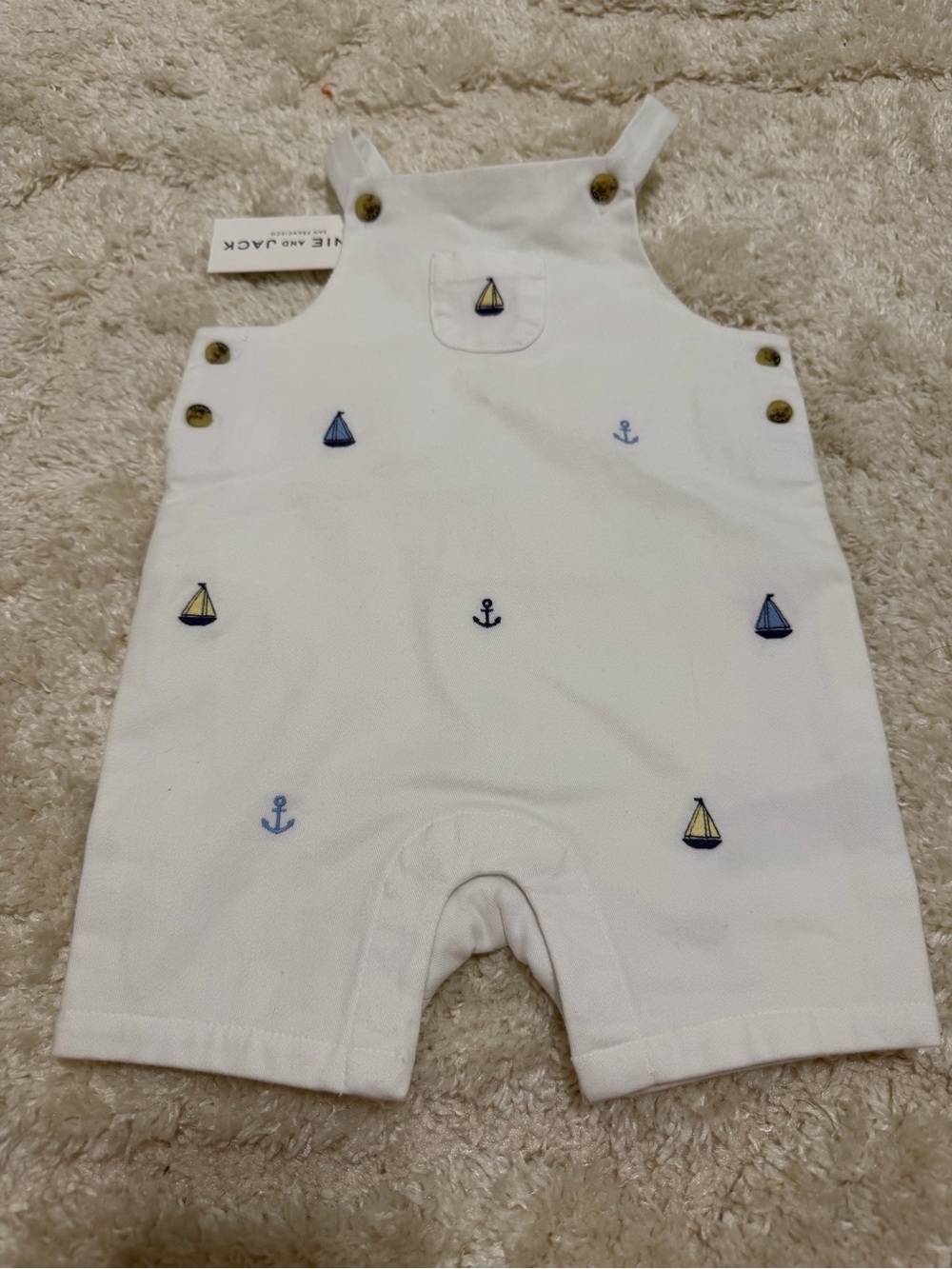 Janie and Jack White Shortalls with Light Blue Sailboat Embroidery